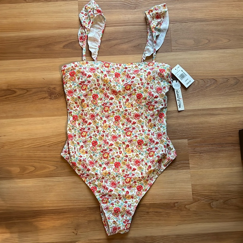 Wallflower NEW Ruffle strap one piece swimsuit floral modest